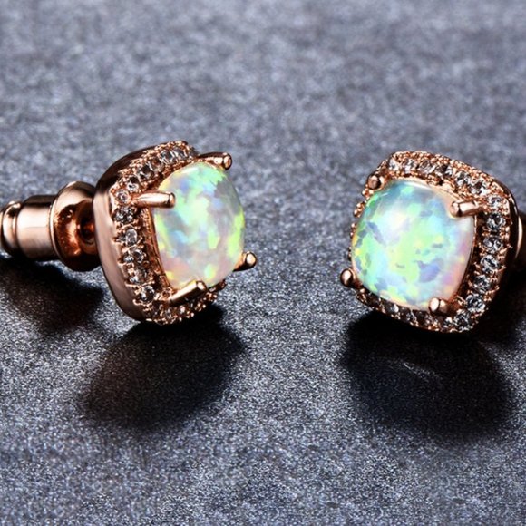 NEW 18K Rose Gold White Opal Diamond Halo Earrings - Picture 2 of 6